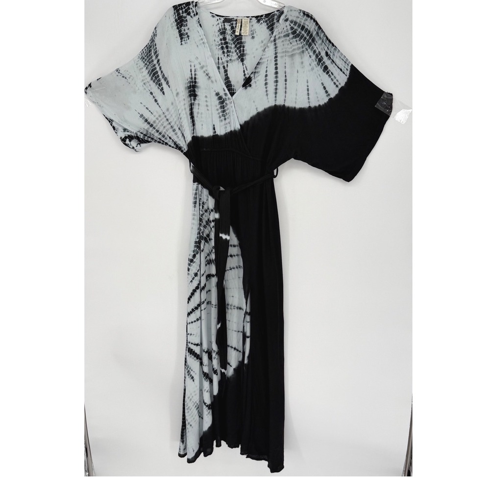 Japna Tie Dye Maxi Dress Kimono Sleeve Belted Boho Festival Black Gray M 101-00 - Picture 10 of 13
